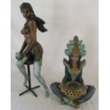 Oriental figure lamp base & a burlesque lady on a stool