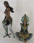 Oriental figure lamp base & a burlesque lady on a stool