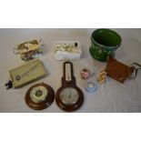 Various wall barometers, jardiniere top, box camera,