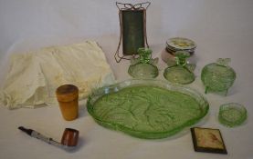 Green glass dressing table set, Ferry Cottage Corby Mauchline ware glass, powder puff, photo frame,