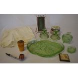 Green glass dressing table set, Ferry Cottage Corby Mauchline ware glass, powder puff, photo frame,