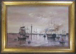 Oil on canvas of Grimsby Docks by Cleethorpes artist F C Fegan 88 cm x 63 cm