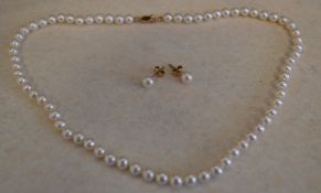 Pearl necklace with 9ct gold clasp and a pair of 9ct gold single pearl earrings