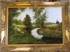 Large oil on canvas in gilt frame of a rural scene and haymakers by Peter Snell signed and dated