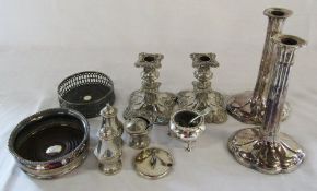 Selection of silver plate inc candlesticks and wine coasters