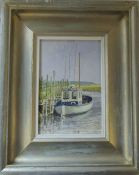 Oil on board of a moored boat by Baz East (b.