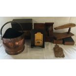 Various wooden items including mauchline ware Skegness Pier letter rack, small bible box,