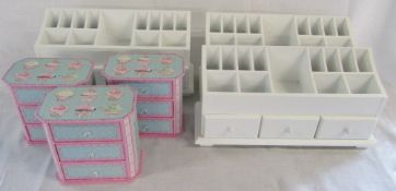 3 white desk tidies & 3 small jewellery boxes/chest of drawers
