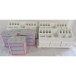 3 white desk tidies & 3 small jewellery boxes/chest of drawers