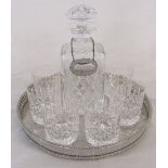 Whisky cut glass decanter and 6 tumblers with silver plate tray