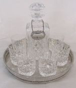 Whisky cut glass decanter and 6 tumblers with silver plate tray
