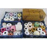 3 trays of crochet cottons in assorted colours and sizes & a wooden concertina workbox