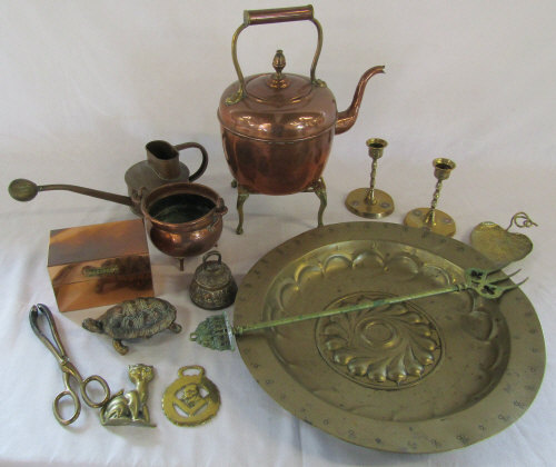 Various brassware and copper inc kettle,