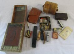 Assorted items inc wooden ball cleaner, pen nibs, whistles, mother of pearl knife,