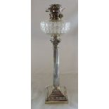 Silver Corinthian column oil lamp with a cut glass reservoir by Mappin & Webb hallmarked Sheffield