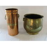 Copper umbrella stand & a brass coal bucket