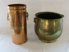 Copper umbrella stand & a brass coal bucket