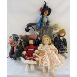 4 porcelain dolls & assorted witch dolls