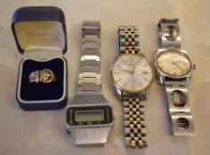 Gold plated silver buckle ring, Seiko automatic wristwatch,