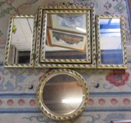 Small gilt framed round mirror and a dressing table mirror