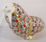 Royal Crown Derby paperweight of a walrus with gold stopper