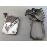 Silver stamps case marked 925 and bird keyring marked 925 weight 1.
