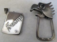 Silver stamps case marked 925 and bird keyring marked 925 weight 1.