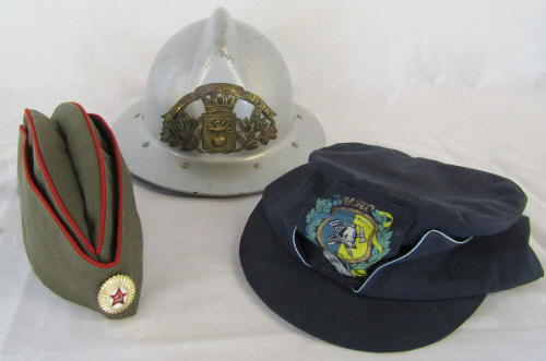 French Fireman's helmet & 2 other caps