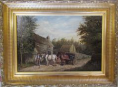 Oil on canvas in gilt frame of a rural landscape scene with a Waggoner next to a Blacksmiths shop