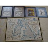 Framed copy of a 1610 map of Britain and 4 pictures