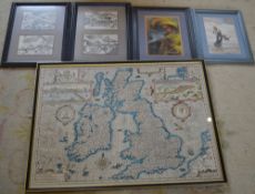 Framed copy of a 1610 map of Britain and 4 pictures