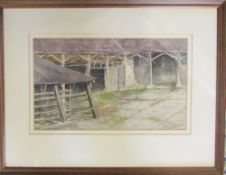 Watercolour of farm barns by Baz East (b.