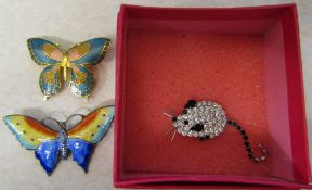 Butler & Wilson mouse brooch & 2 enamel butterfly brooches