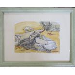 Pen and ink drawing of rocks on a beach by Sheila Read 44 cm x 34 cm (size including frame)