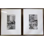 Pair of charcoal drawings of a classroom scene by Kathleen M Sisterson M.
