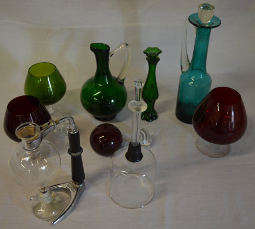 Various glassware including coloured glass and a coffee perculator