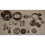 Quantity of mixed silver including 2 napkin rings, rings, earrings, part silver coins,
