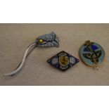 Micro mosiac brooch and two enamel style brooches