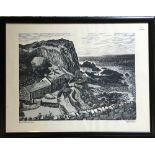 Linocut print of Port Braddan in Northern Ireland signed in pencil by the artist R G Sellar.