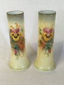 Pair of glass cylindrical vases painted with pansies Ht18cm