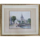 Watercolour by J MacLaren of children playing by a harbour 53 cm x 43 cm (size including frame)