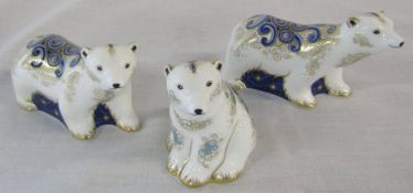 3 Royal Crown Derby polar bears with gold stoppers - polar bear cub standing 2006 & 2007 & polar