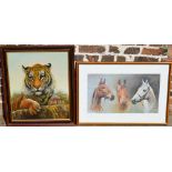 'We Three Kings' horse racing print and an oil on canvas of a tiger