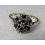 9ct gold illusion set diamond and sapphire cluster ring size O weight 2.