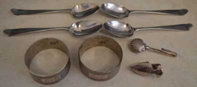 4 silver spoons, pair of silver napkin rings and 2 silver trinkets, total approx weight 3.