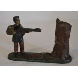 Cast iron 19th century mechanical money box of a soldier shooting at a tree 'Creedmoor Bank' Approx
