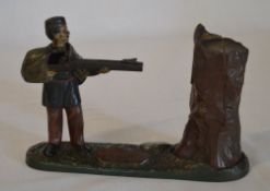 Cast iron 19th century mechanical money box of a soldier shooting at a tree 'Creedmoor Bank' Approx