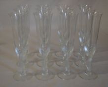 Approx 12 French champagne flutes decorated with frosted glass birds