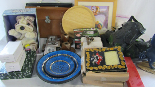 2 boxes of assorted items inc prints, roller blades, musical novelty dog,