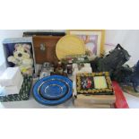 2 boxes of assorted items inc prints, roller blades, musical novelty dog,